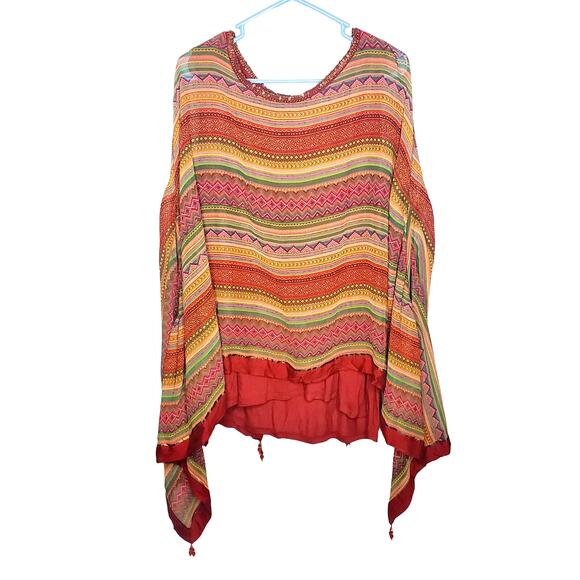 Soft Surroundings Gypset Layered Kimono Tunic Top Red Striped Beaded One Size - Picture 2 of 12
